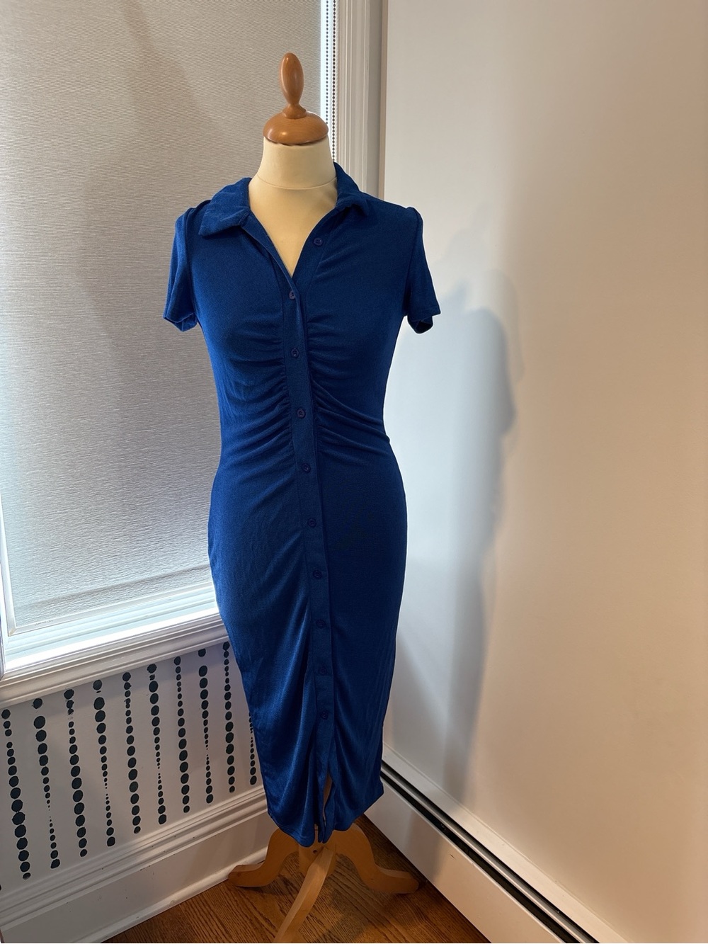 Collared Button-Front Midi Dress in Deep Blue